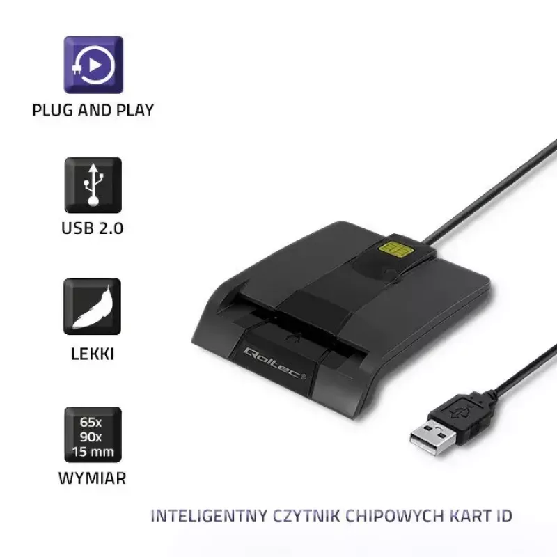 Qoltec 50634 SCR-0634 leitor inteligente de cartões ID com chip, USB 2.0 + adaptador USB-C, preto