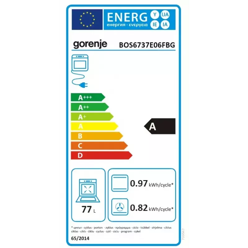 Forno de encastrar Gorenje BOS6737E06FBG — 77 L multifunções, EcoClean, vapor, convecção, controlo mecânico, 59,5×59,5 cm, preto