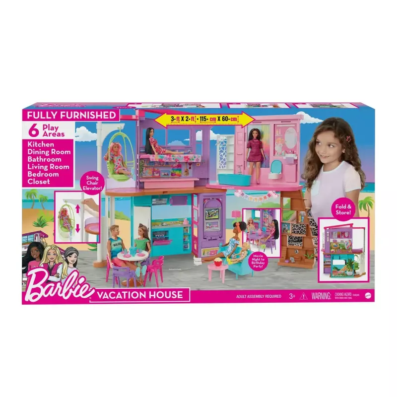 Casa de férias Barbie conjunto de brincar com mais de 30 peças, brinquedo para crianças a partir dos 3 anos