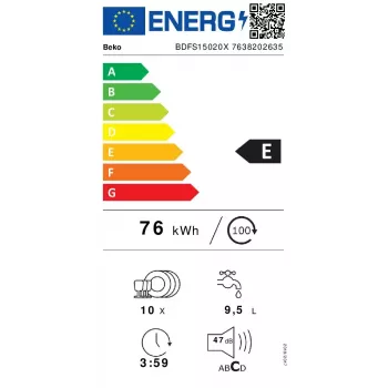 Máquina de lavar loiça slim Beko BDFS15020X, 10 conjuntos de louça, 45 cm, 47 dB, 5 programas, motor inverter