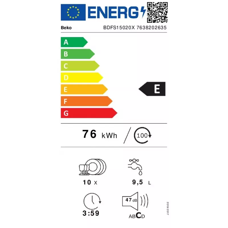 Máquina de lavar loiça slim Beko BDFS15020X, 10 conjuntos de louça, 45 cm, 47 dB, 5 programas, motor inverter