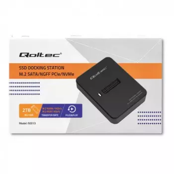 Caixa SSD QOLTEC 50313 preta — M.2 (22×80 / 22×110) PCIe e SATA, USB Type-C (USB 2.0 / 3.2 Gen2)