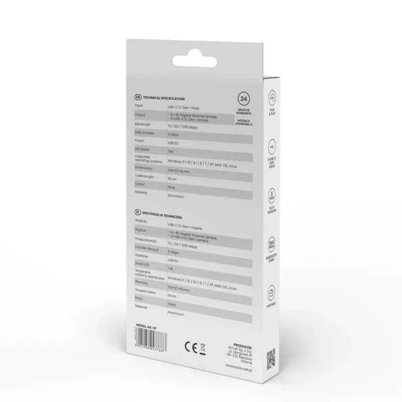 Hub USB-C SAVIO AK-57 com 3× USB-A, RJ-45 Gigabit Ethernet (5000 Mbit/s), alumínio cinzento