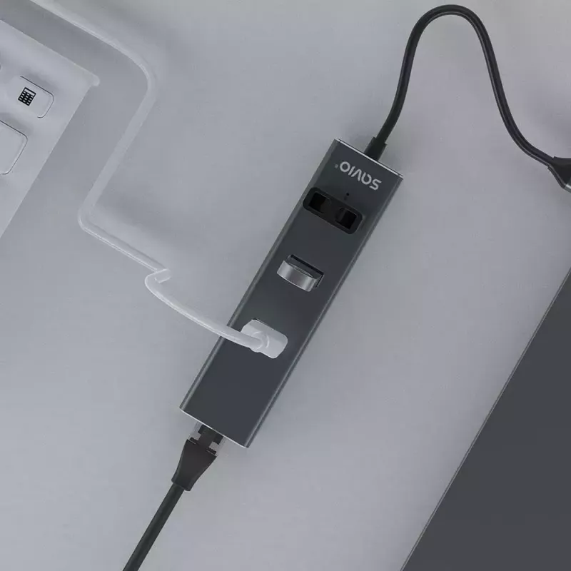 Hub USB-C SAVIO AK-57 com 3× USB-A, RJ-45 Gigabit Ethernet (5000 Mbit/s), alumínio cinzento