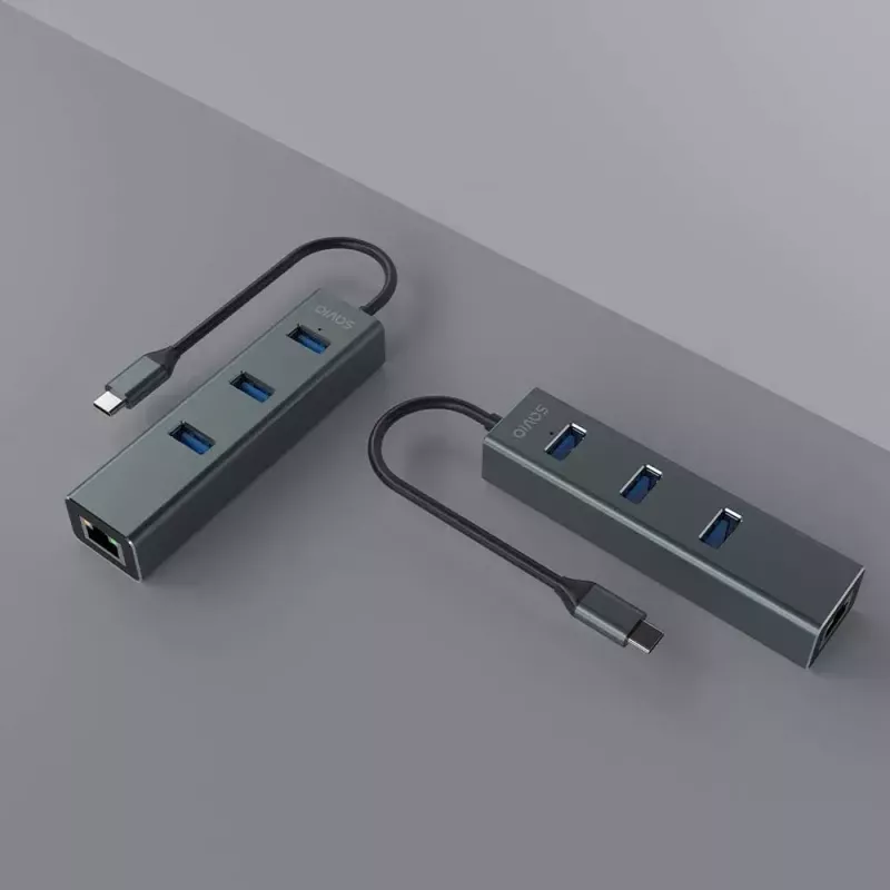 Hub USB-C SAVIO AK-57 com 3× USB-A, RJ-45 Gigabit Ethernet (5000 Mbit/s), alumínio cinzento