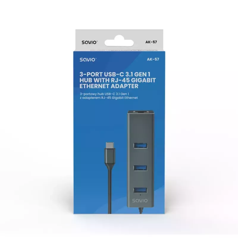 Hub USB-C SAVIO AK-57 com 3× USB-A, RJ-45 Gigabit Ethernet (5000 Mbit/s), alumínio cinzento
