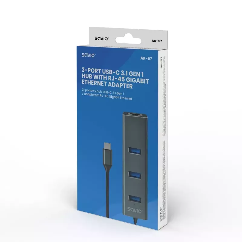 Hub USB-C SAVIO AK-57 com 3× USB-A, RJ-45 Gigabit Ethernet (5000 Mbit/s), alumínio cinzento