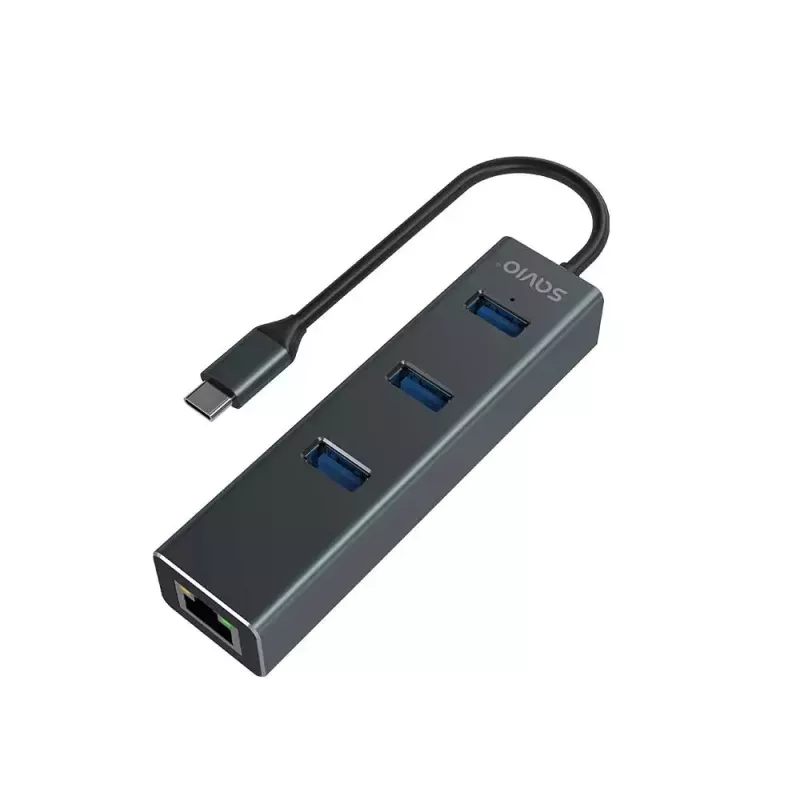 Hub USB-C SAVIO AK-57 com 3× USB-A, RJ-45 Gigabit Ethernet (5000 Mbit/s), alumínio cinzento