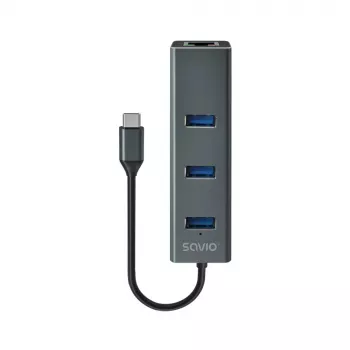 Hub USB-C SAVIO AK-57 com 3× USB-A, RJ-45 Gigabit Ethernet (5000 Mbit/s), alumínio cinzento