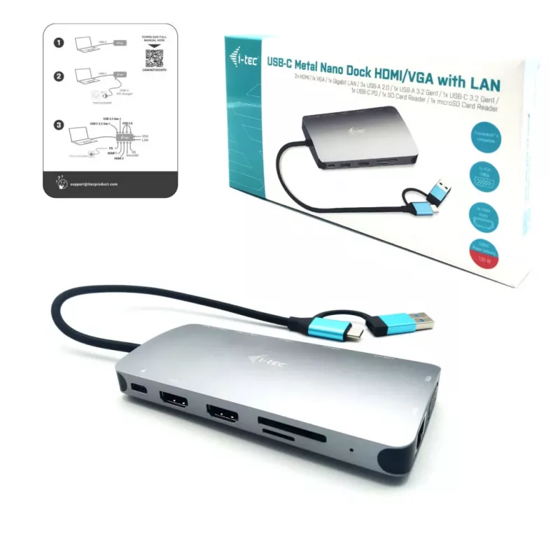 i-tec USB 3.0 USB-C/Thunderbolt 3x Display Metal Nano Dock com LAN + Power Delivery 100 W