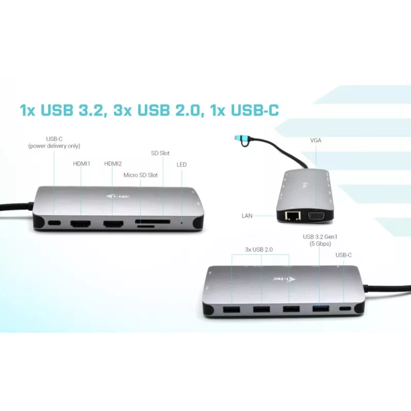 i-tec USB 3.0 USB-C/Thunderbolt 3x Display Metal Nano Dock com LAN + Power Delivery 100 W