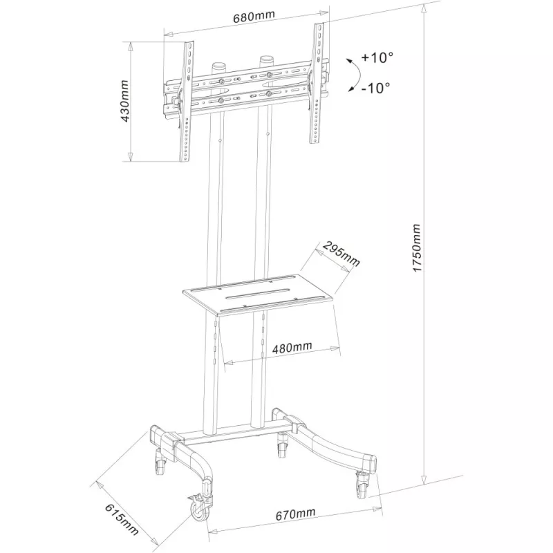 Techly ICA-TR23 suporte de TV móvel com rodas, 32-70 polegadas, 40 kg, com prateleira