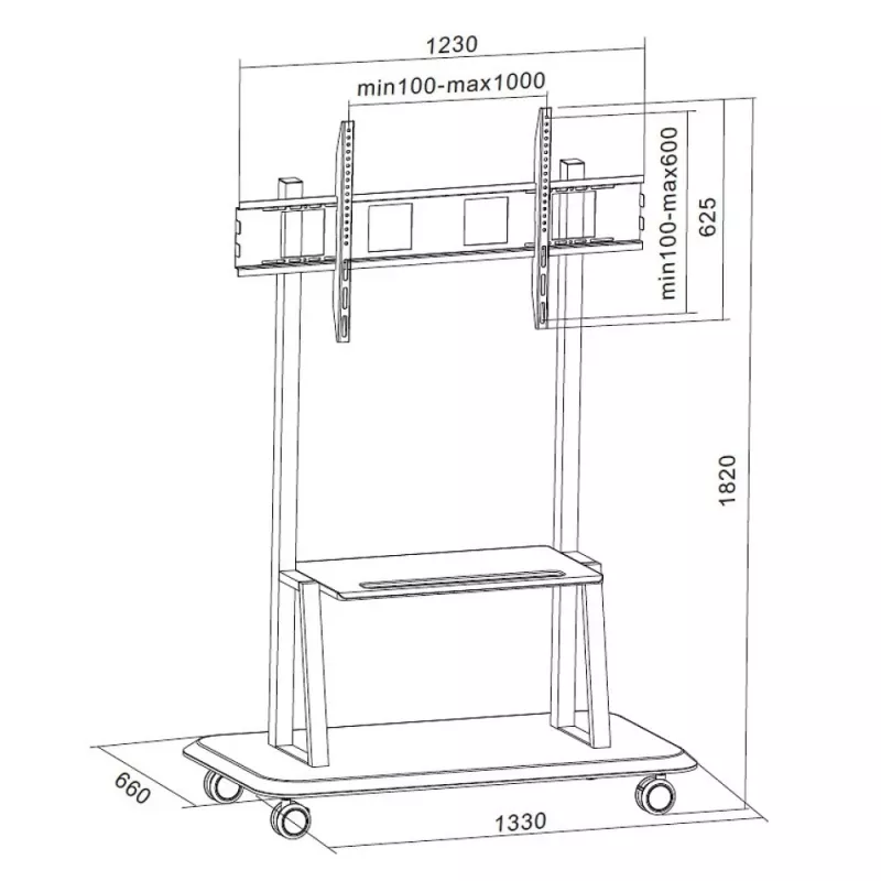 Suporte de chão portátil TECHLY Signage Display Mount ICA-TR31 para ecrãs 55–120 polegadas, VESA 1200x600, carga máx. 150 kg, preto