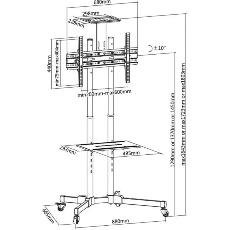 Suporte de chão TECHLY ICA-TR16T para ecrãs de 37 polegadas a 70 polegadas, VESA 200x200–600x400, até 50 kg, ajustável em altura, rodas, inclinação ±10° (preto)