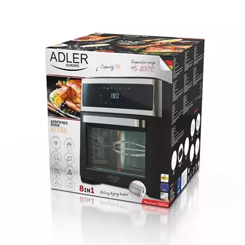 Adler AD 6309 forno com fritadeira de ar, 13 l, 1700 W, aço inoxidável / preto