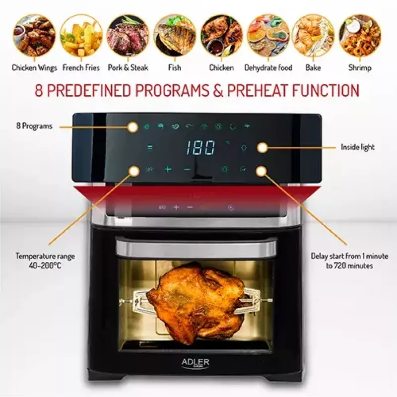 Adler AD 6309 forno com fritadeira de ar, 13 l, 1700 W, aço inoxidável / preto