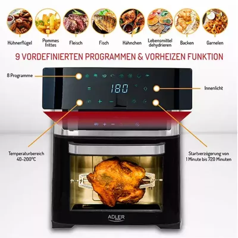 Adler AD 6309 forno com fritadeira de ar, 13 l, 1700 W, aço inoxidável / preto