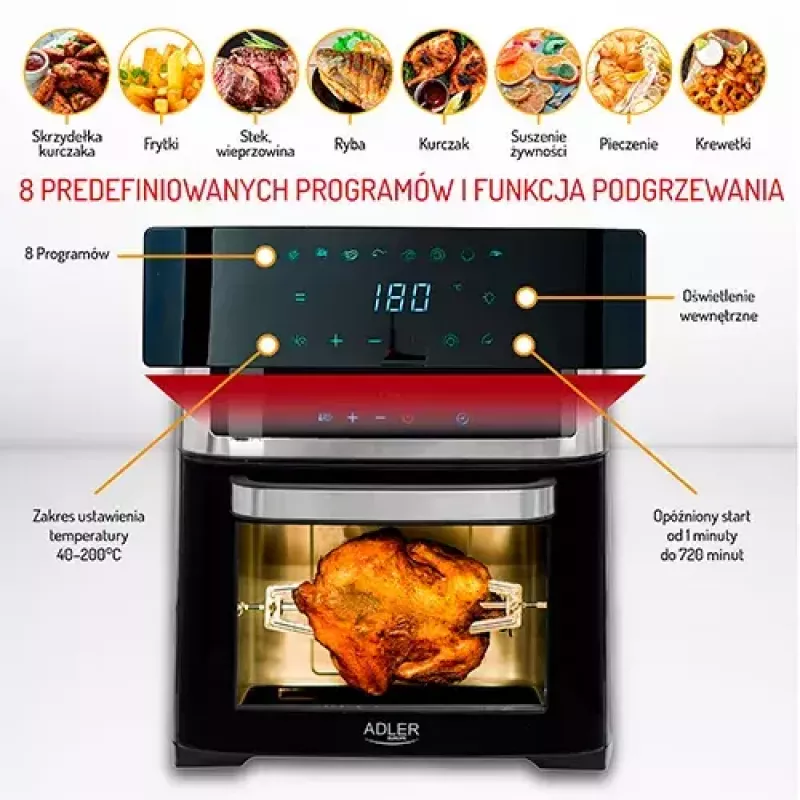 Adler AD 6309 forno com fritadeira de ar, 13 l, 1700 W, aço inoxidável / preto
