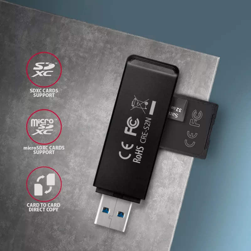 Leitor de cartões Axagon CRE-S2N USB 3.2 Gen 1 Type-A preto