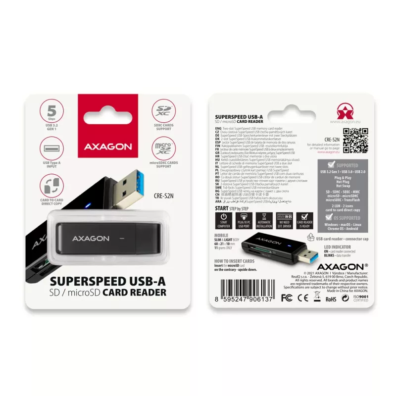 Leitor de cartões Axagon CRE-S2N USB 3.2 Gen 1 Type-A preto