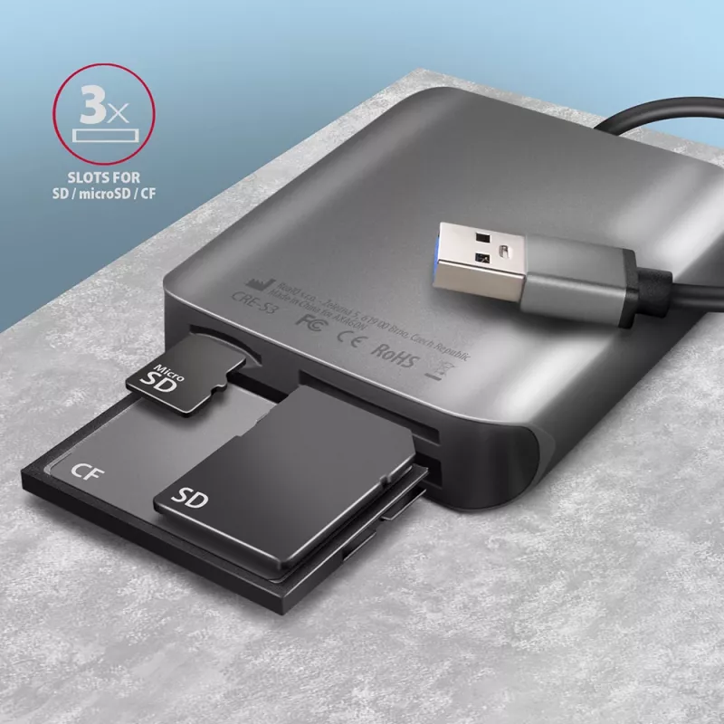 Leitor de cartões Axagon CRE-S3 externo USB-A 3.2 Gen 1 3 slots & LUN SD/microSD/CF USB 3.2 Gen 1 (3.1 Gen 1) Type-A cinzento