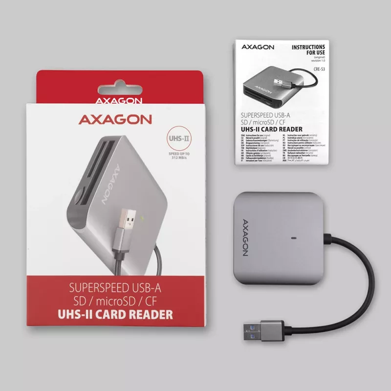 Leitor de cartões Axagon CRE-S3 externo USB-A 3.2 Gen 1 3 slots & LUN SD/microSD/CF USB 3.2 Gen 1 (3.1 Gen 1) Type-A cinzento