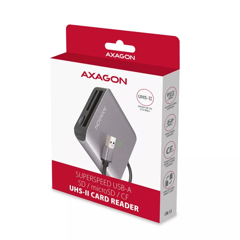 Leitor de cartões Axagon CRE-S3 externo USB-A 3.2 Gen 1 3 slots & LUN SD/microSD/CF USB 3.2 Gen 1 (3.1 Gen 1) Type-A cinzento