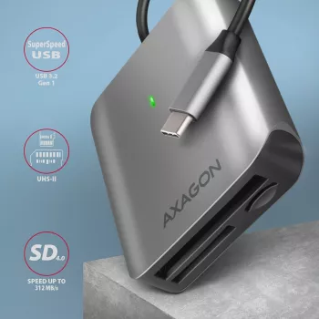 Leitor de cartões Axagon CRE-S3C alumínio alta velocidade USB-C 3.2 Gen 1, 3 slots, UHS-II