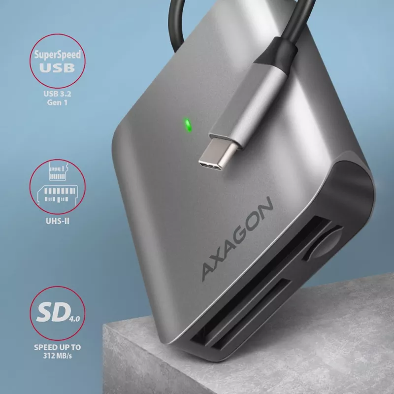 Leitor de cartões Axagon CRE-S3C alumínio alta velocidade USB-C 3.2 Gen 1, 3 slots, UHS-II