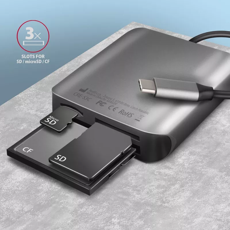 Leitor de cartões Axagon CRE-S3C alumínio alta velocidade USB-C 3.2 Gen 1, 3 slots, UHS-II