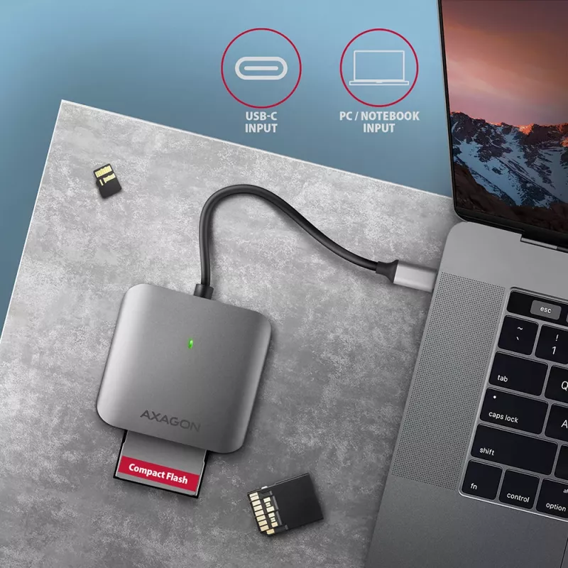 Leitor de cartões Axagon CRE-S3C alumínio alta velocidade USB-C 3.2 Gen 1, 3 slots, UHS-II