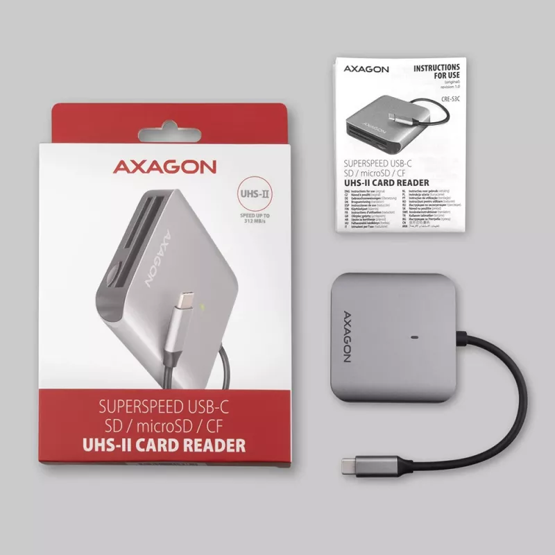Leitor de cartões Axagon CRE-S3C alumínio alta velocidade USB-C 3.2 Gen 1, 3 slots, UHS-II