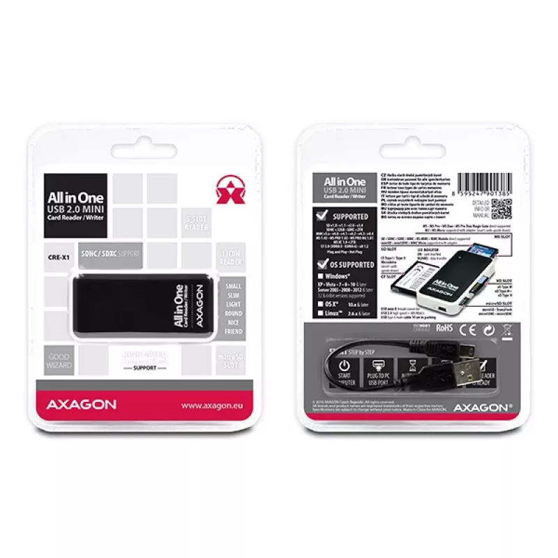 Leitor de cartões Axagon CRE-X1 externo 5 slots, CF, CF Type II, MMC, MMC Mobile, MMCmicro, MS Duo, MS PRO, Memory Stick (MS), MicroDrive, MicroSD...,