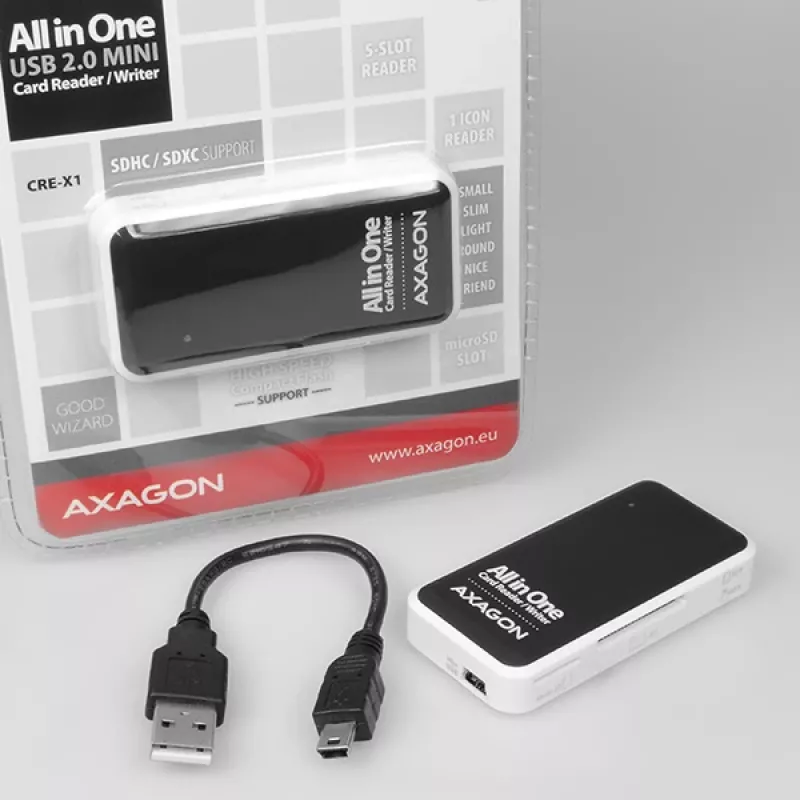 Leitor de cartões Axagon CRE-X1 externo 5 slots, CF, CF Type II, MMC, MMC Mobile, MMCmicro, MS Duo, MS PRO, Memory Stick (MS), MicroDrive, MicroSD...,