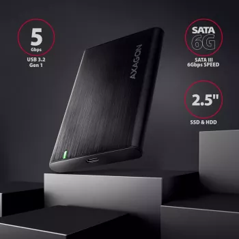 Caixa para HDD/SSD 2,5 polegadas AXAGON EE25-A6C — SATA, USB 3.2 Gen 1 (Type-C & Type-A), alumínio, preto