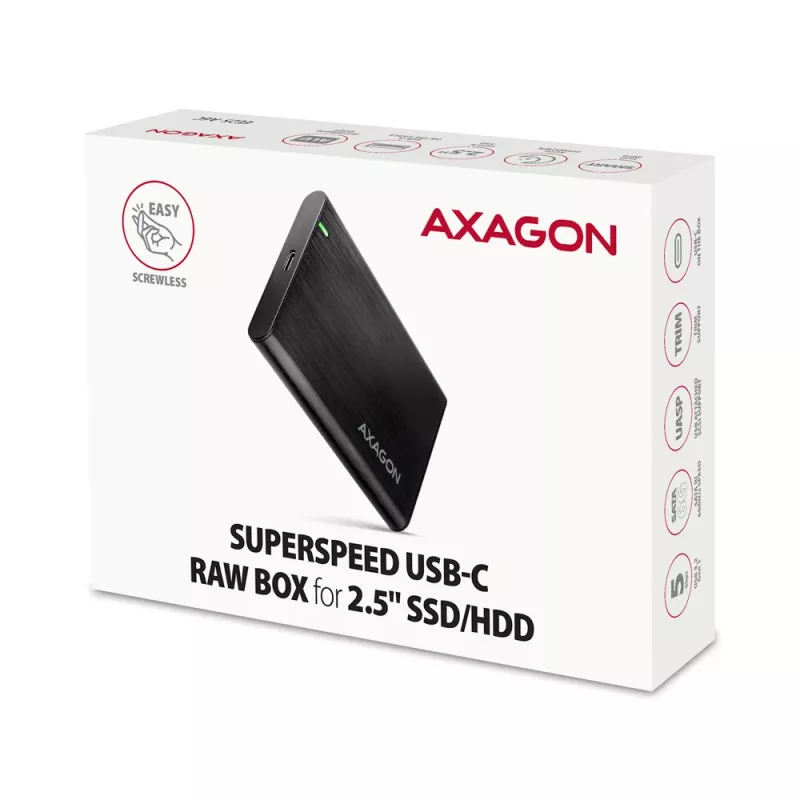 Caixa para HDD/SSD 2,5 polegadas AXAGON EE25-A6C — SATA, USB 3.2 Gen 1 (Type-C & Type-A), alumínio, preto
