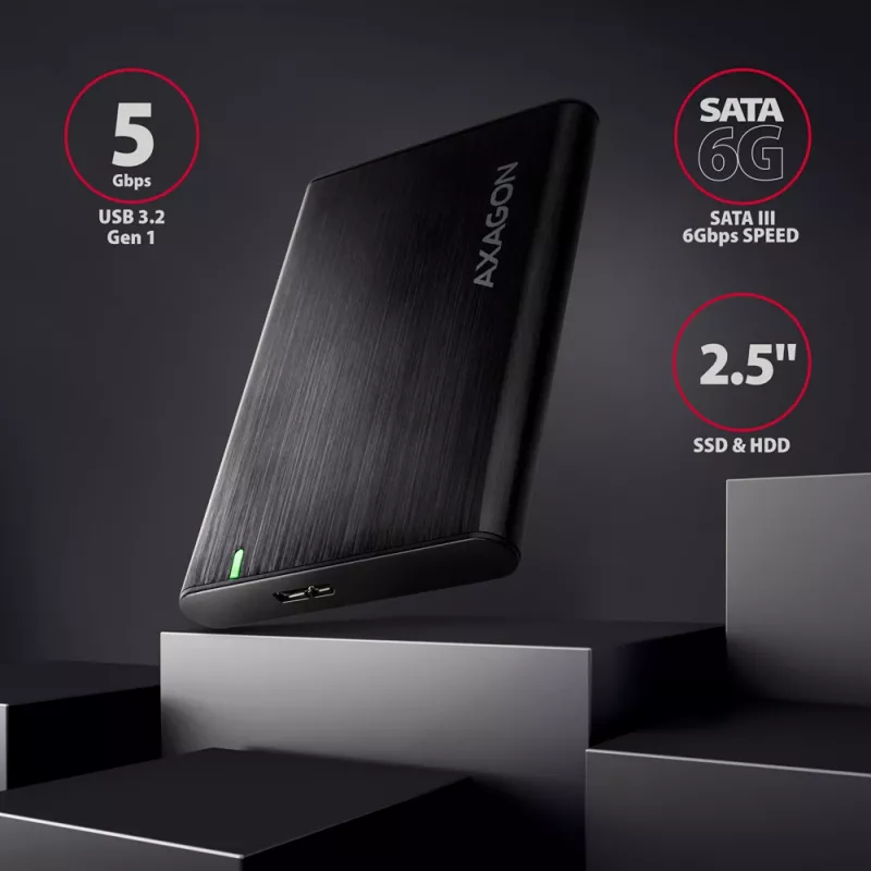 Caixa para HDD/SSD AXAGON EE25-A6M — SATA 2,5 polegadas, USB 3.2 Gen 1 (5 Gbit/s), Micro-USB B para USB Type-A, alumínio, preto