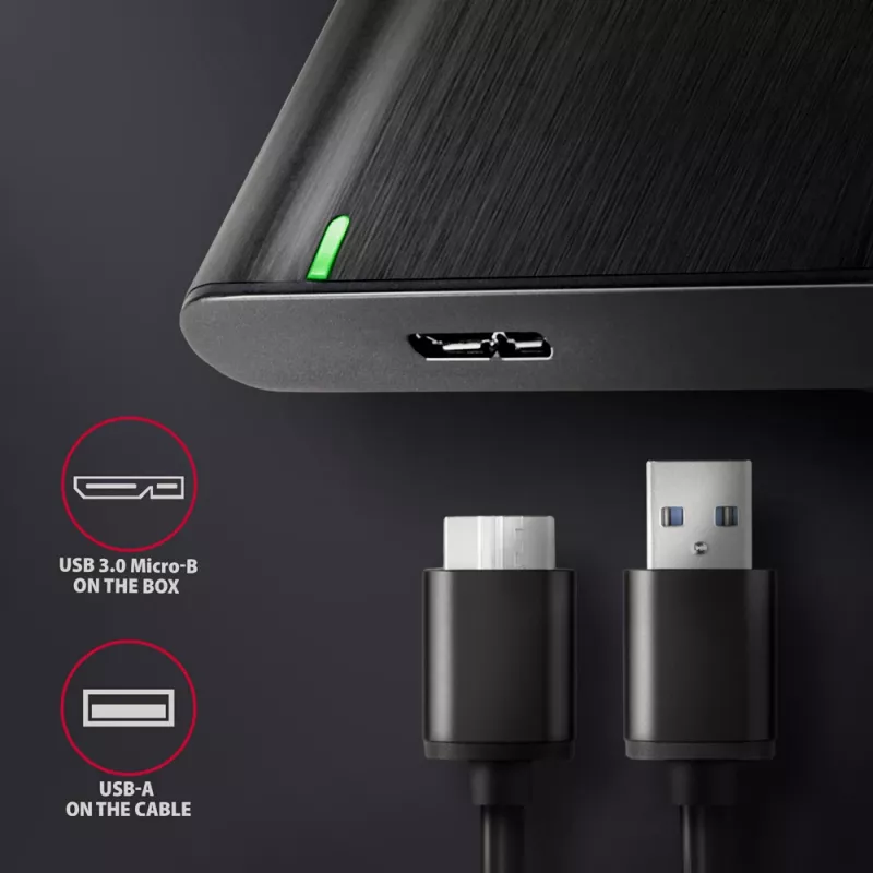Caixa para HDD/SSD AXAGON EE25-A6M — SATA 2,5 polegadas, USB 3.2 Gen 1 (5 Gbit/s), Micro-USB B para USB Type-A, alumínio, preto