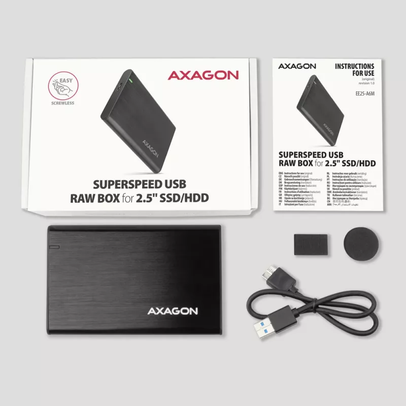 Caixa para HDD/SSD AXAGON EE25-A6M — SATA 2,5 polegadas, USB 3.2 Gen 1 (5 Gbit/s), Micro-USB B para USB Type-A, alumínio, preto