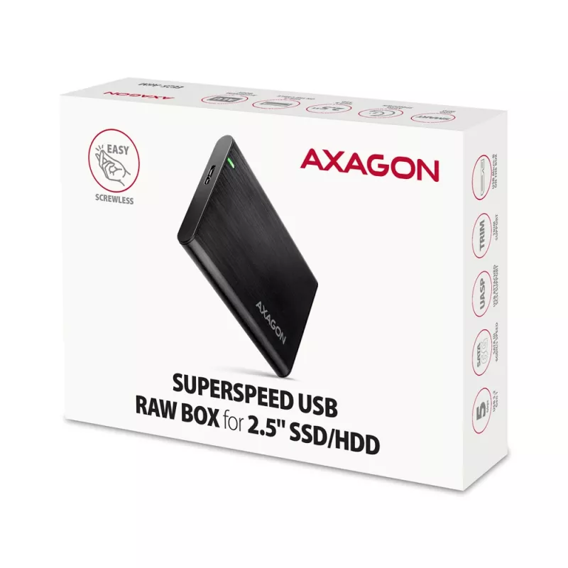 Caixa para HDD/SSD AXAGON EE25-A6M — SATA 2,5 polegadas, USB 3.2 Gen 1 (5 Gbit/s), Micro-USB B para USB Type-A, alumínio, preto