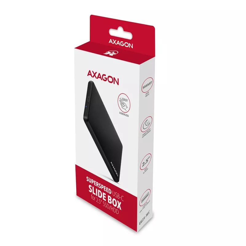 Caixa externa Axagon EE25-SLC sem parafusos USB-C 3.2 Gen 1 - SATA 6G para SSD/HDD 2,5 polegadas