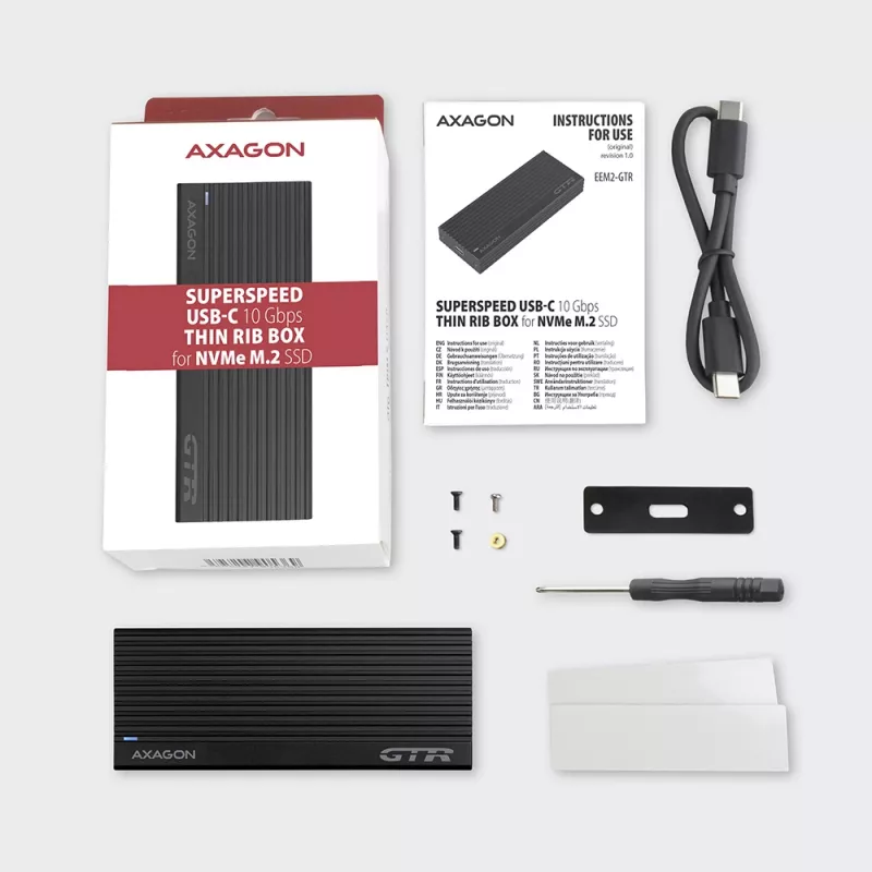 Caixa externa Axagon EEM2-GTR USB-C 3.2 Gen 2 em metal para SSD M.2 NVMe