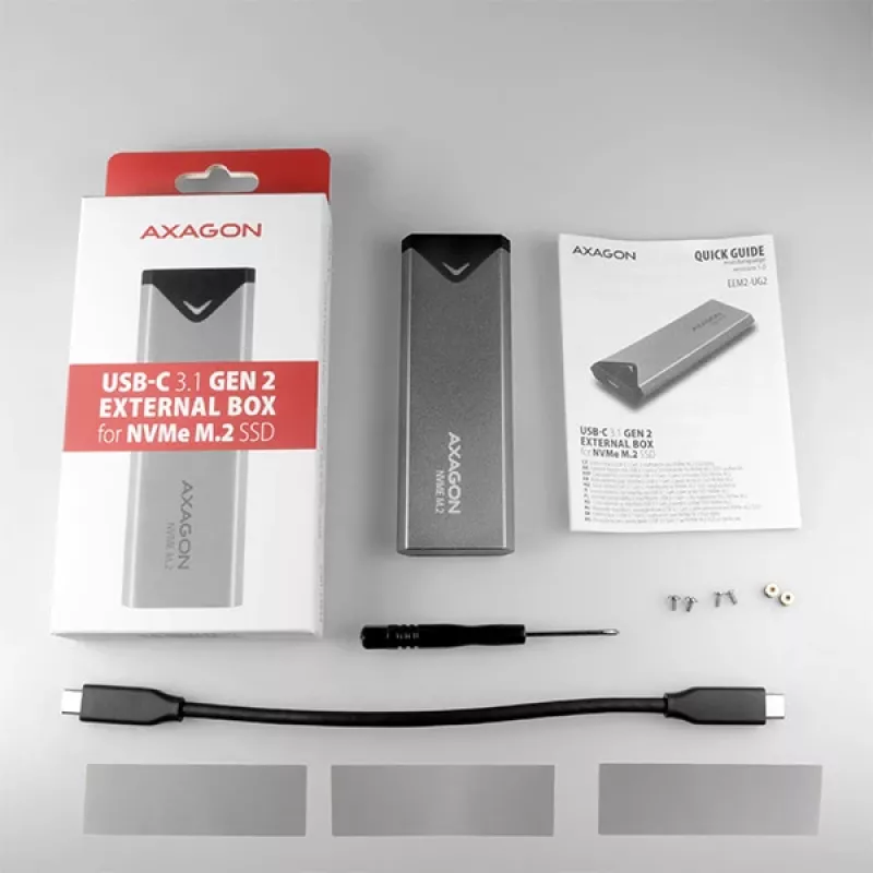 Caixa externa Axagon EEM2-UG2 USB-C 10Gbps em metal para discos SSD M.2 NVMe. prateado