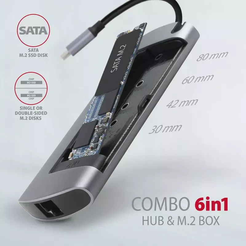 Hub Axagon HMC-6M2 USB 3.2 Gen 1, 2x USB-A, HDMI, RJ-45, SATA M.2, PD 100W, cabo USB-C
