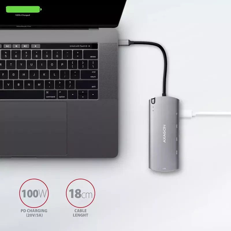Hub Axagon HMC-6M2 USB 3.2 Gen 1, 2x USB-A, HDMI, RJ-45, SATA M.2, PD 100W, cabo USB-C