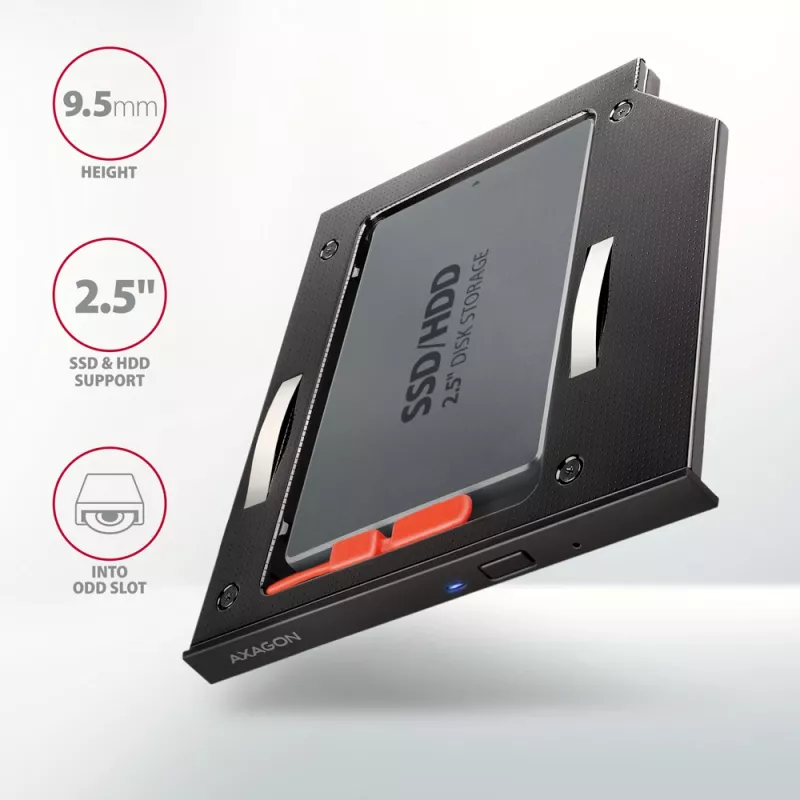 Moldura de montagem Axagon RSS-CD09 para SSD/HDD 2,5 polegadas em slot DVD 9,5 mm LED ALU placas adaptadoras/adaptadores internos SATA
