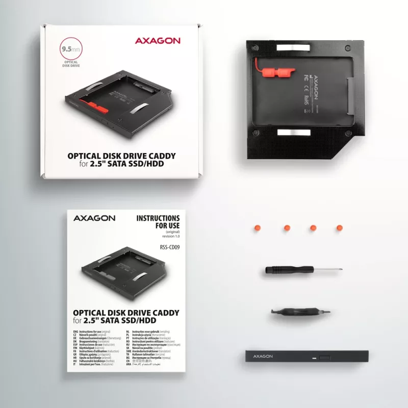 Moldura de montagem Axagon RSS-CD09 para SSD/HDD 2,5 polegadas em slot DVD 9,5 mm LED ALU placas adaptadoras/adaptadores internos SATA