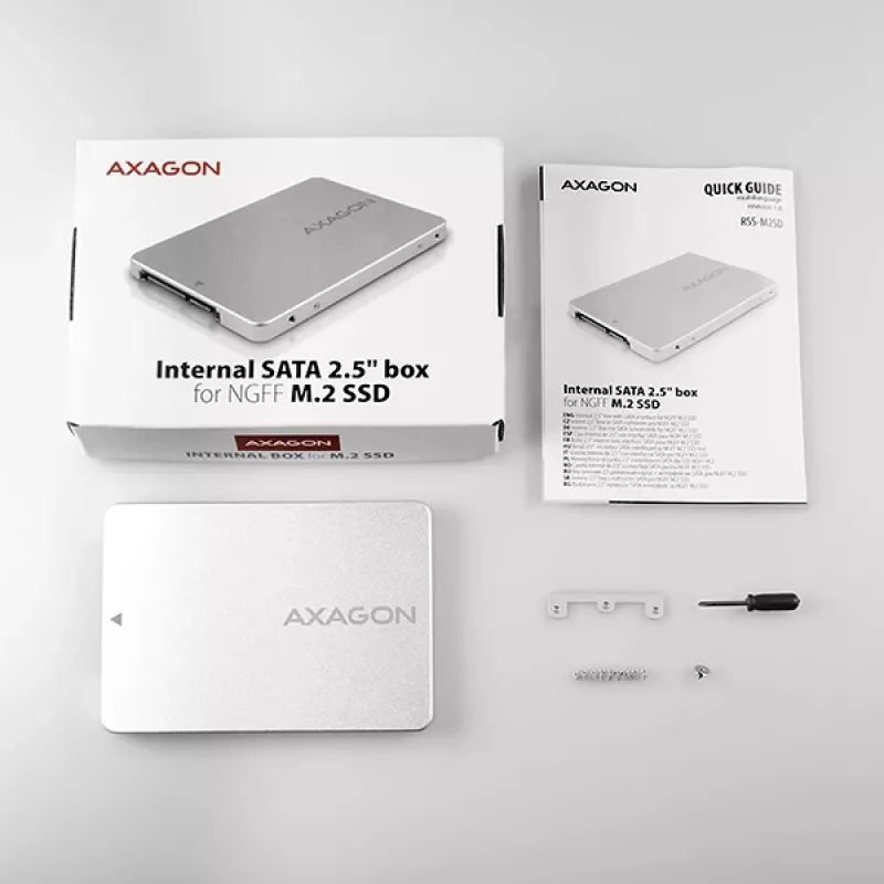 Caixa interna Axagon RSS-M2SD SATA - SSD M.2 SATA, 2,5 polegadas em ALU, prateada