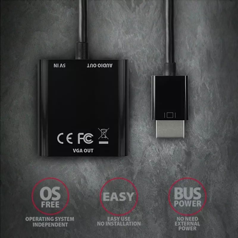 Adaptador Axagon RVH-VGAN HDMI -> VGA FullHD, 1920x1200, saída de áudio, alimentação