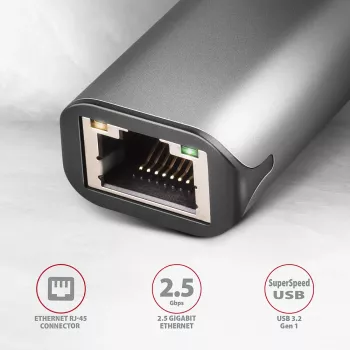 Adaptador Ethernet 2.5 Gigabit AXAGON ADE-25R — USB Type-C, 10/100/1000/2500 Mbit, 5000 Mbit/s, alumínio, cinzento